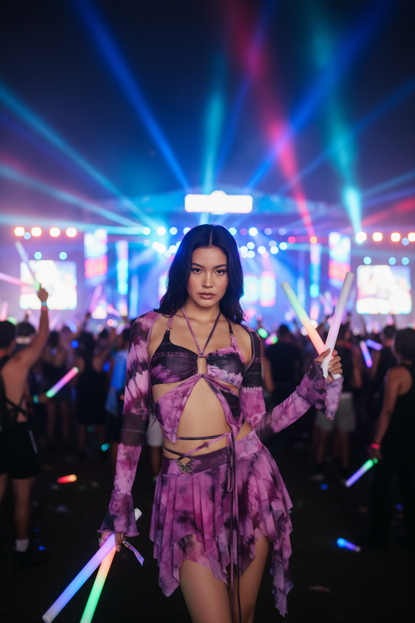 🔮Tie-Dye Fairy Set – Butterfly Crop Top & Wrap Mini Skirt 3 color options displaying PINK & BLACK VERSION🔮