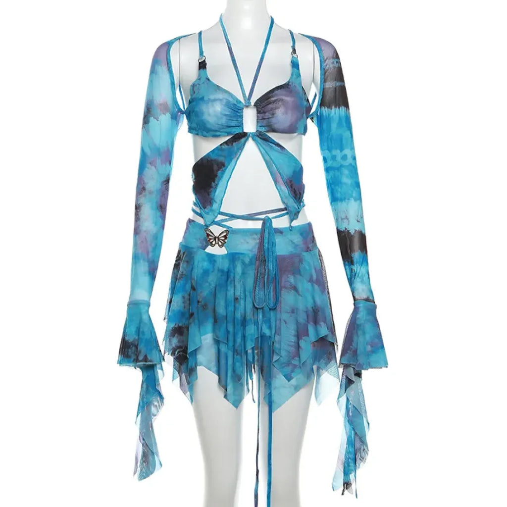 🔮Tie-Dye Fairy Set – Butterfly Crop Top & Wrap Mini Skirt 3 color options displaying PINK & BLACK VERSION🔮