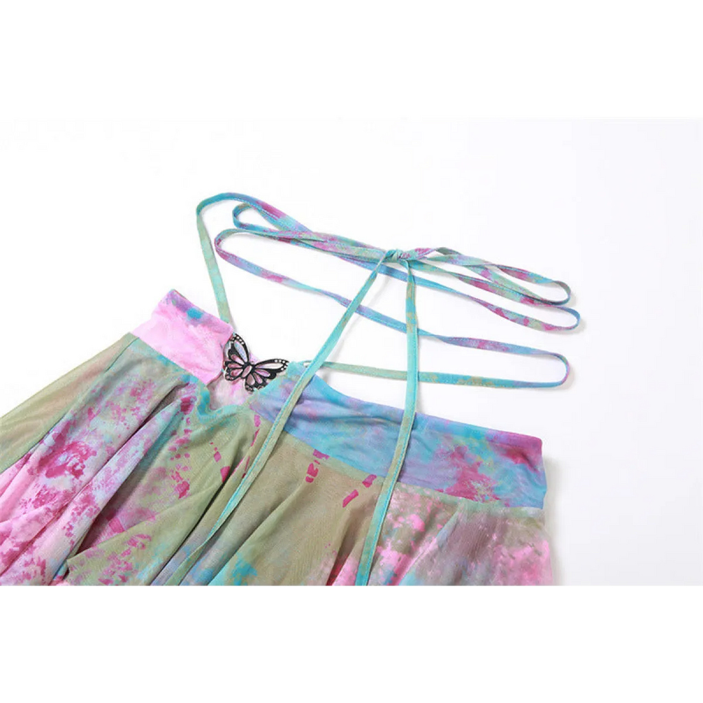 🔮Tie-Dye Fairy Set – Butterfly Crop Top & Wrap Mini Skirt 3 color options displaying PINK & BLACK VERSION🔮