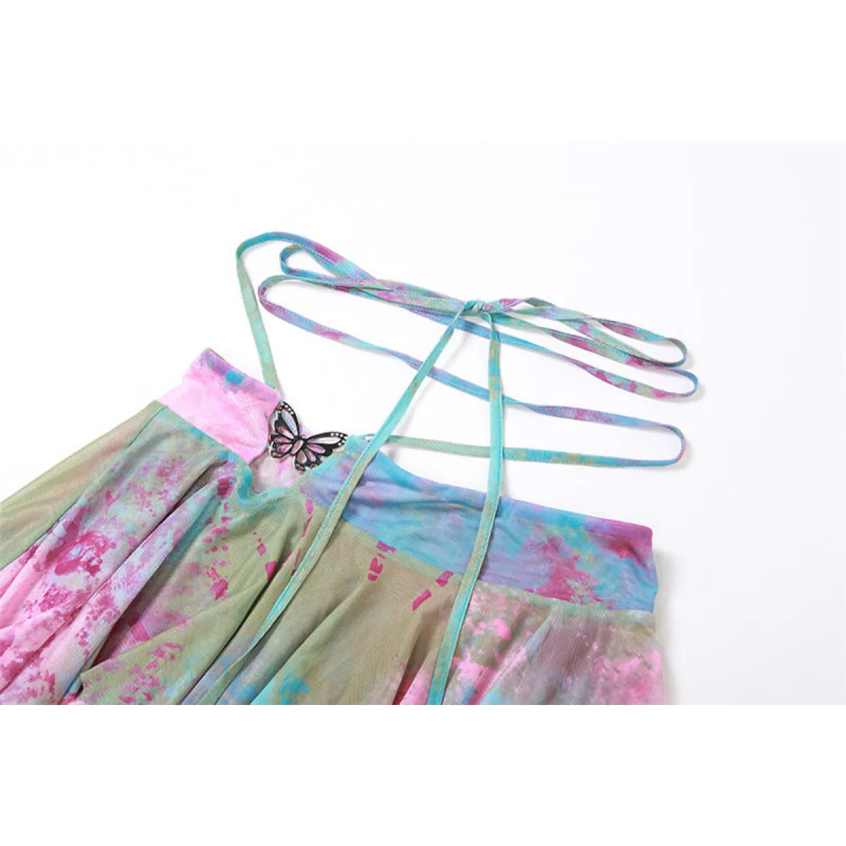 🔮Tie-Dye Fairy Set – Butterfly Crop Top & Wrap Mini Skirt 3 color options displaying PINK & BLACK VERSION🔮