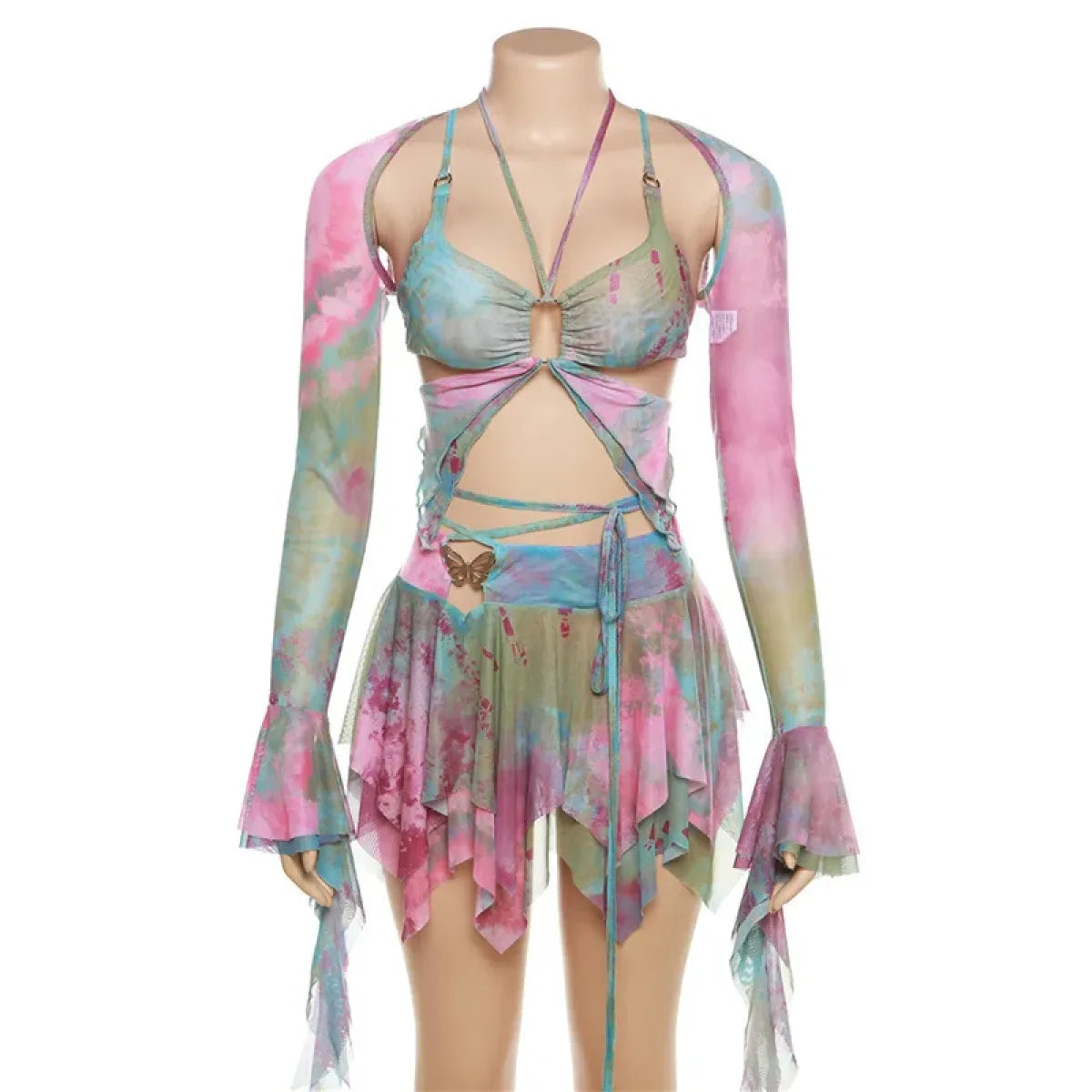🪩🍾✌️☮️Tie-Dye Fairy Set – Butterfly Crop Top & Wrap Mini Skirt 3 color options PASTEL VARIANT DISPLAYED🪩✌️☮️