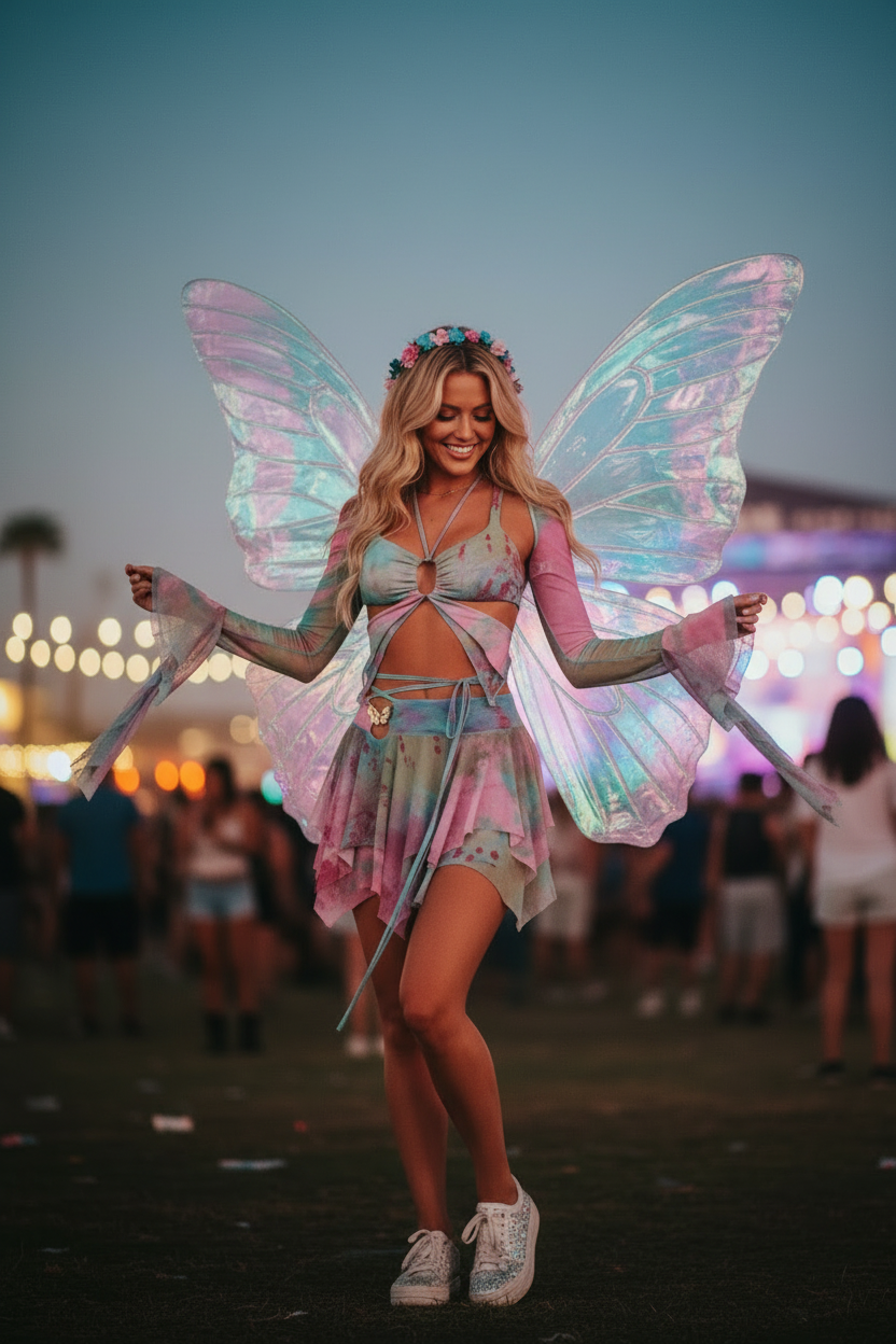 🔮Tie-Dye Fairy Set – Butterfly Crop Top & Wrap Mini Skirt 3 color options displaying PINK & BLACK VERSION🔮