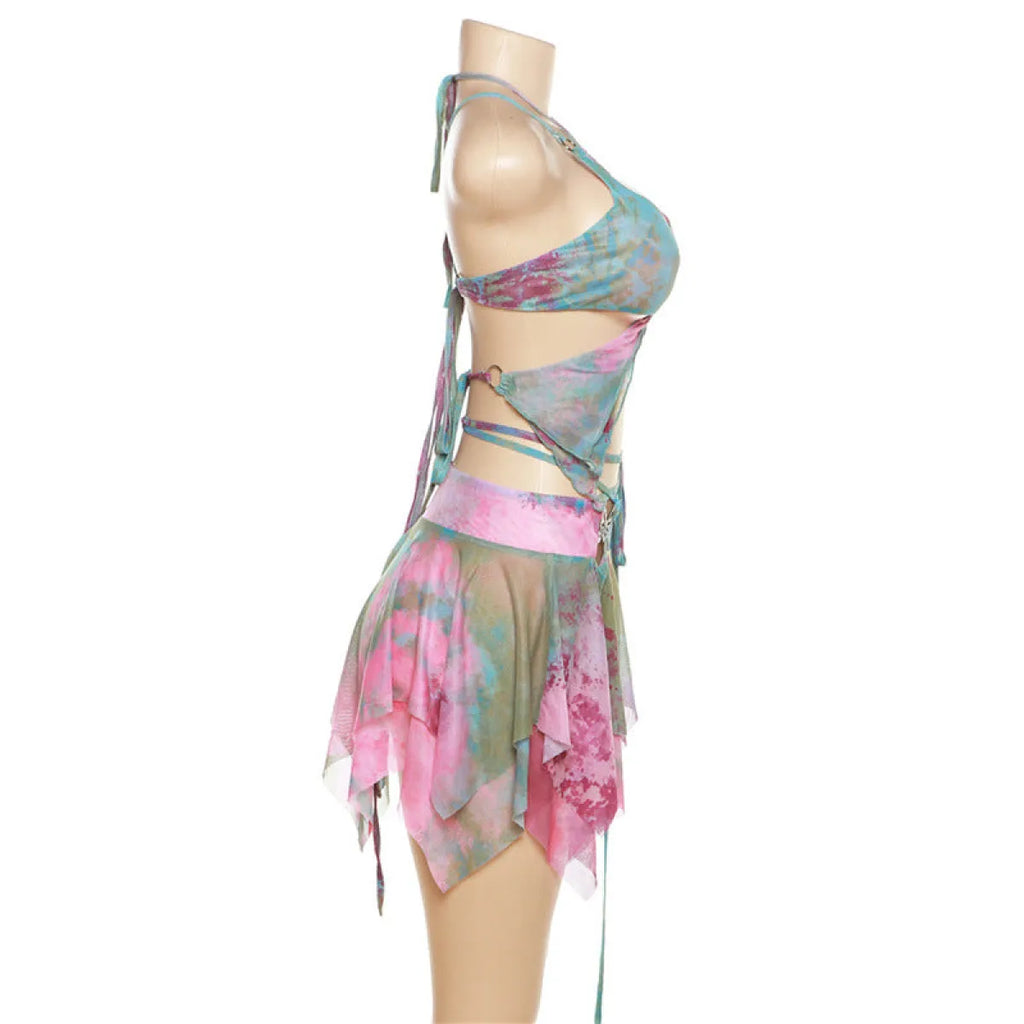 🔮Tie-Dye Fairy Set – Butterfly Crop Top & Wrap Mini Skirt 3 color options displaying PINK & BLACK VERSION🔮