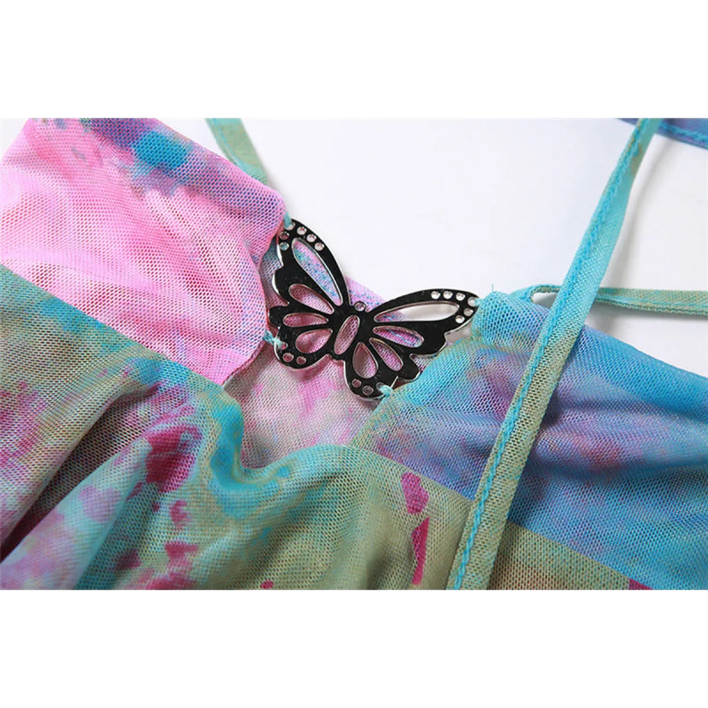 🔮Tie-Dye Fairy Set – Butterfly Crop Top & Wrap Mini Skirt 3 color options displaying PINK & BLACK VERSION🔮