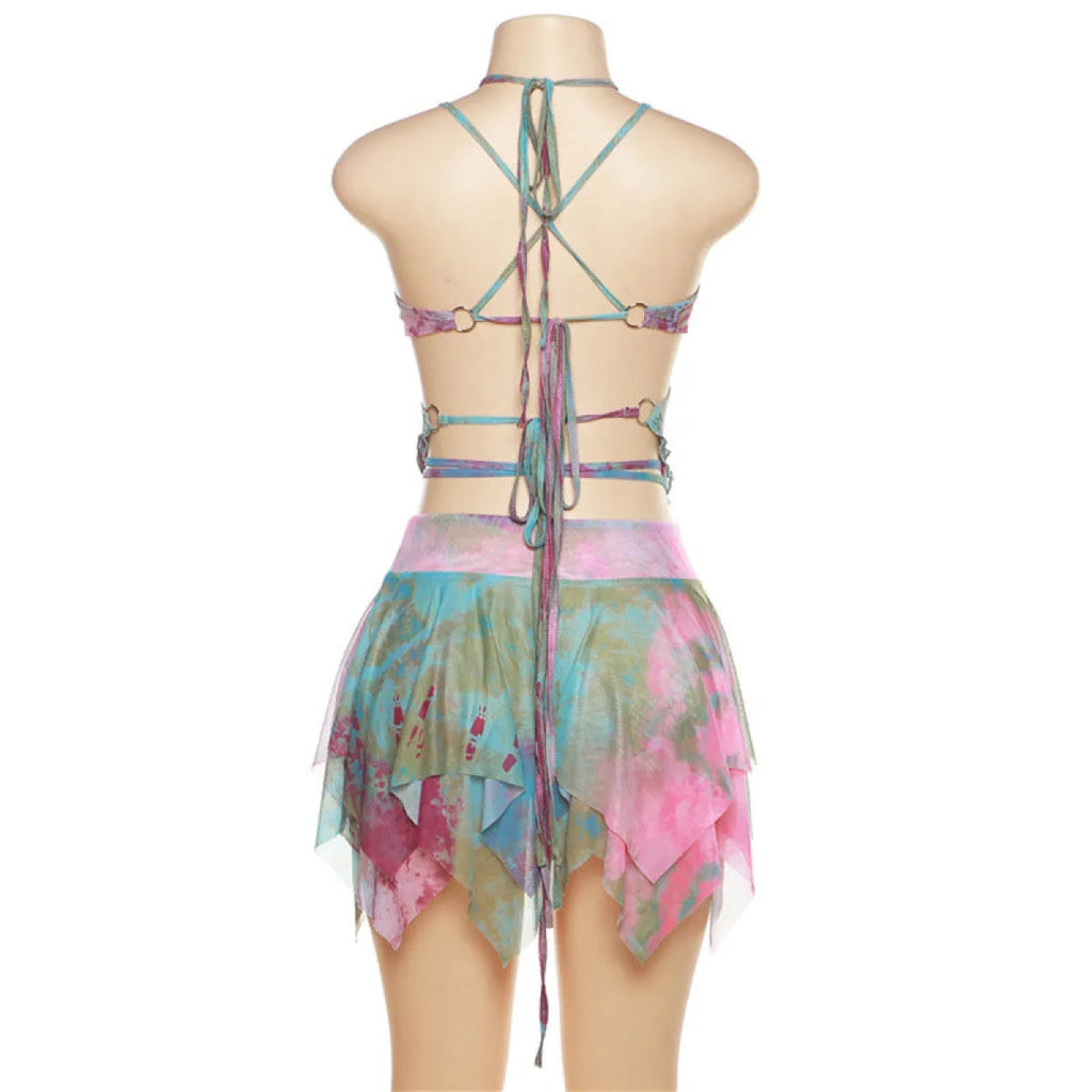 🔮Tie-Dye Fairy Set – Butterfly Crop Top & Wrap Mini Skirt 3 color options displaying PINK & BLACK VERSION🔮