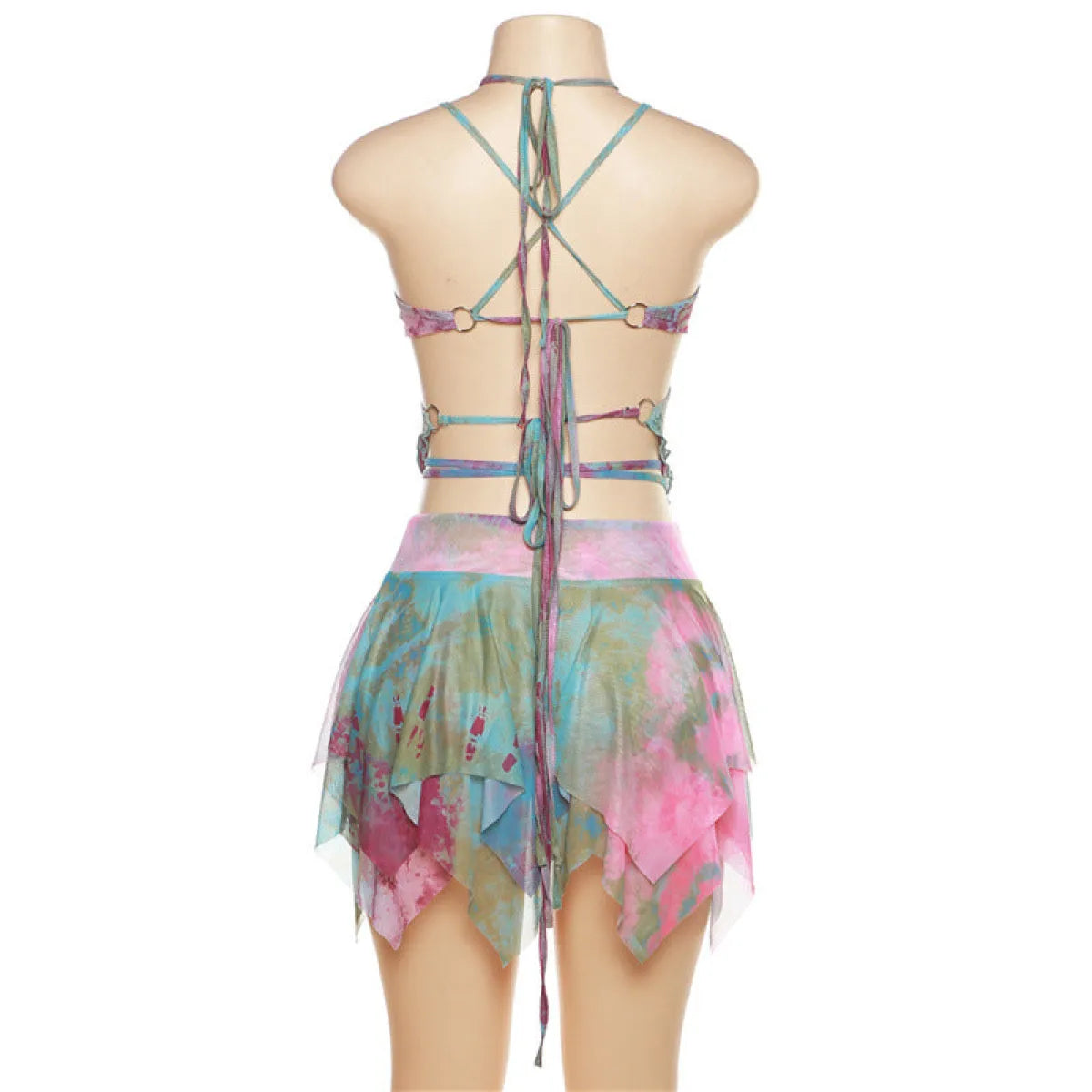 🔮Tie-Dye Fairy Set – Butterfly Crop Top & Wrap Mini Skirt 3 color options displaying PINK & BLACK VERSION🔮